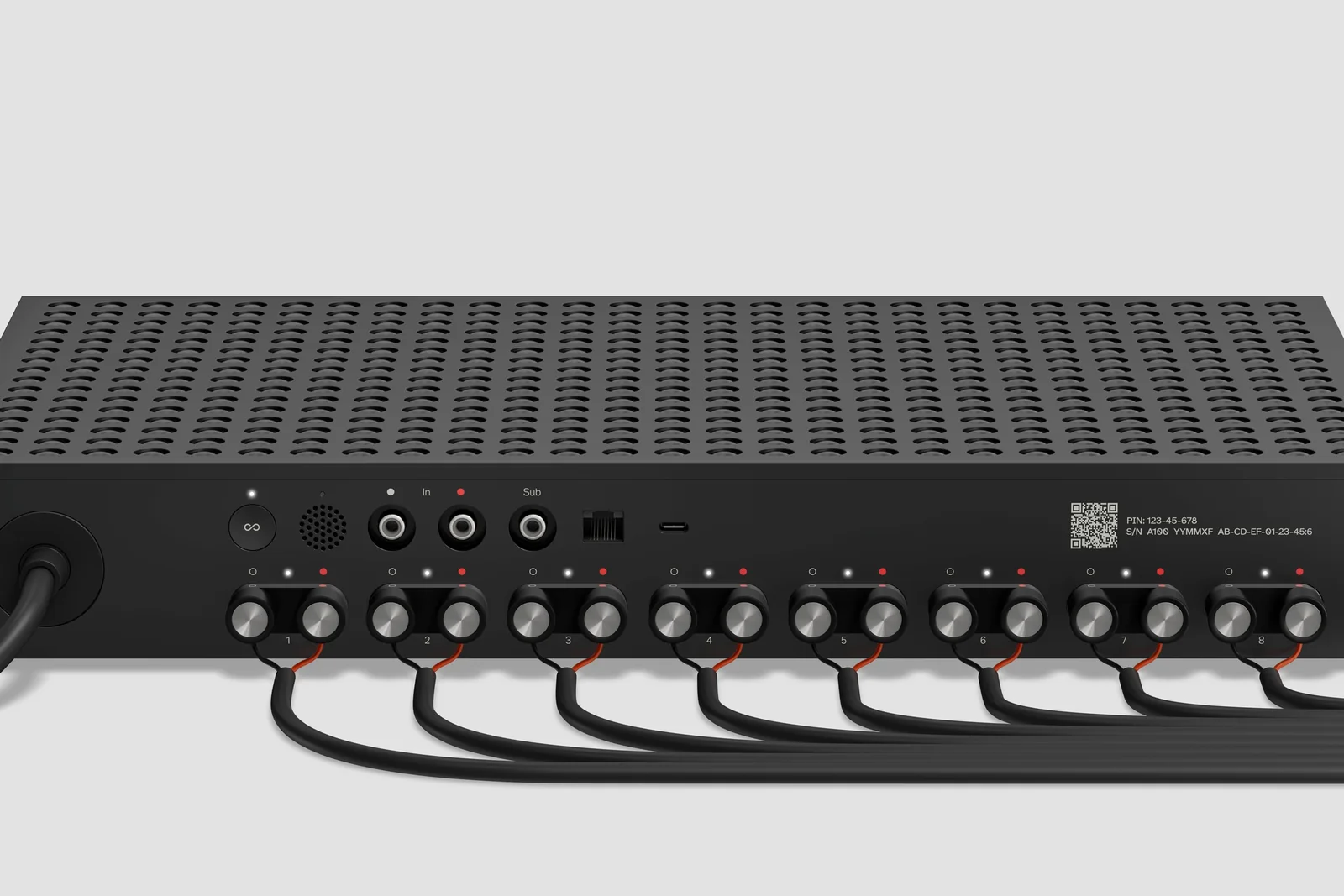 Rear panel of Sonos Amp Multi with eight speaker outputs connected