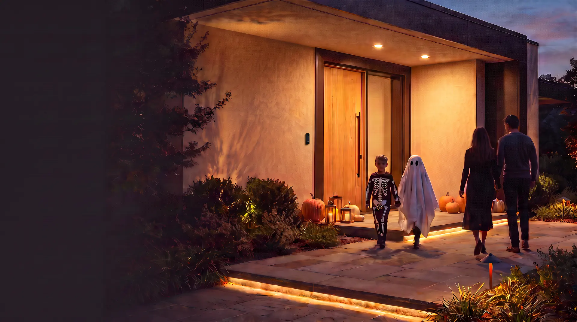 Contemporary Halloween entry with warm pathway lighting, two costumed children, and a subtle black doorbell beside the front door
